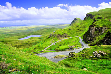 View over the green mountain highland landscape of the Quiraing, Isle of Skye, Scotland - 778330366