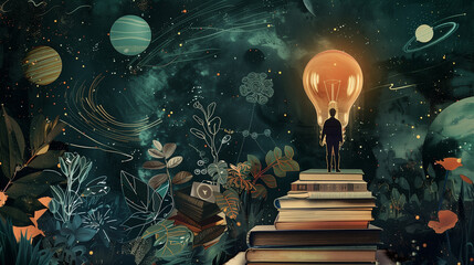 Fantasy Illustration of Person Holding Light Bulb Amongst Books - obrazy, fototapety, plakaty