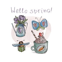 greeting card in watercolor painting style on white background with cute cup, funny bug, jug with tulips and butterfly with hearts on wings. Illustration in hand drawn style for typography and more.