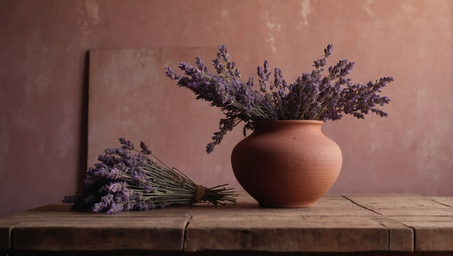 Handmade wooden table, clay vase of dried lavender, beside empty, sunlit dusty rose wall. Home interior backdrop perfect for customization.