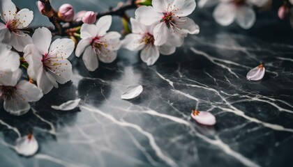 Japanese aesthetics with an empty dark marble table  presence of Japanese cherry blossom flowers, autumn leaves in the wind