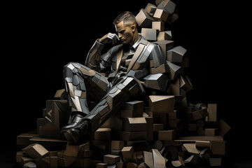 A cubist-style sculpture of a human figure, constructed from interlocking geometric shapes and representing the fragmentation of form in three-dimensional space
