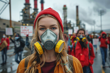 Portrait of female environmental activists protests for cleaner air and water. Group of protesters holding signs and wearing gas masks, calling for action. Environmental and ecology concept
