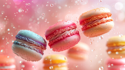 Yellow and pink macarons hovering in the air on pink background