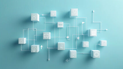 3D Flowchart Concept on Teal Background with Business Icons