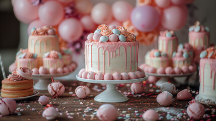Girl's birthday cake. Cake with pink decoration on stand - obrazy, fototapety, plakaty