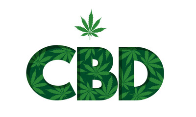 CBD abbreviation of Cannabidiol, letters created from cannabis leaves. Medical use component constituent of cannabis plant. Good for label design, brochure and teaching aids