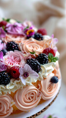 Obraz na płótnie Canvas Raspberries as a cake decoration. Cake with raspberries and blackberries
