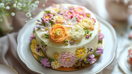 Obraz na płótnie Canvas Small cake with floral décor. Example of a wildflower cake decoration