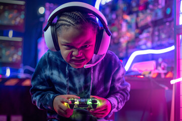 African child boy wear headphone excited playing video game, controlling characters with joystick...