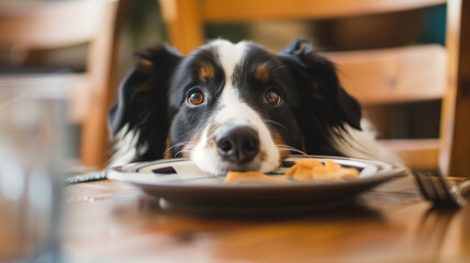 The dog asks for food. A dog's face on a plate on the table. The dog's devoted gaze. Proper Nutrition for Dogs - obrazy, fototapety, plakaty
