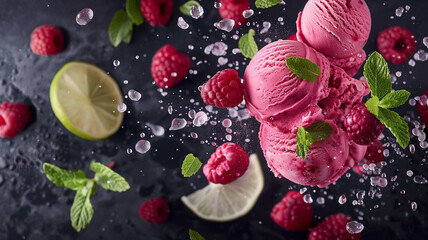 Raspberry ice cream promotional concept. Pink ice cream scoops with raspberries and lime chunks - obrazy, fototapety, plakaty