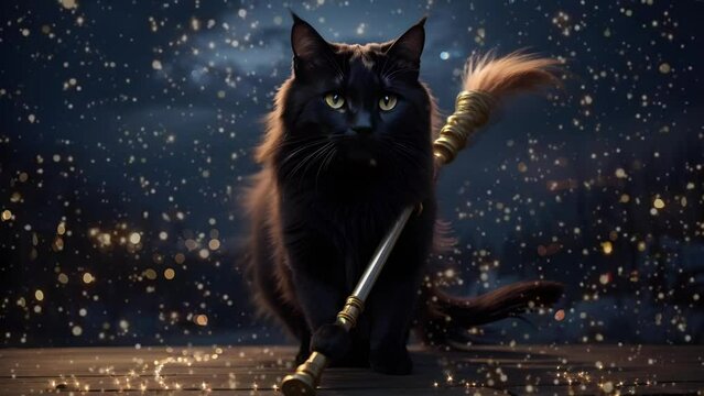 Black cat with magic broom on Halloween night