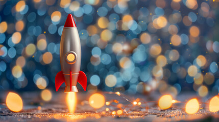 Miniature Rocket Launching with Sparks and Bokeh Lights Concept - obrazy, fototapety, plakaty