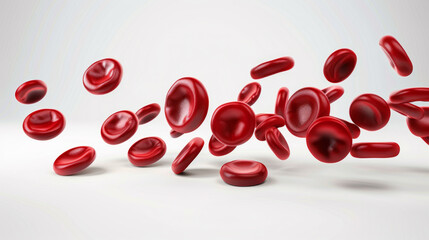 Red blod cells suspended in mid-air against a white background, suggesting motion,ai generated