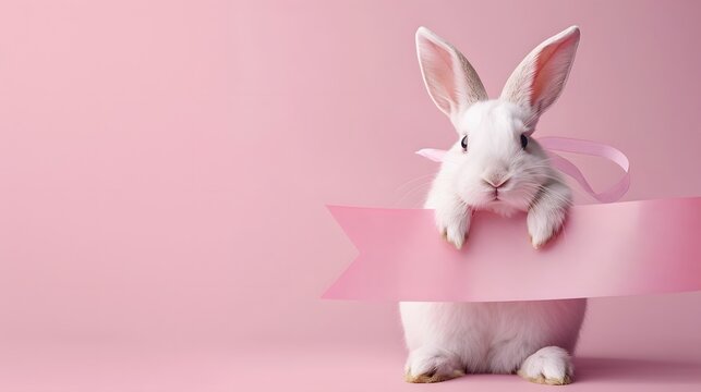 This image features a cute white rabbit holding a pink ribbon against a pink background