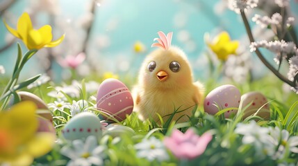 
The image shows a yellow chick amidst vibrant Easter eggs and blossoms, evoking a cheerful springtime ambiance, perfect for Easter celebrations