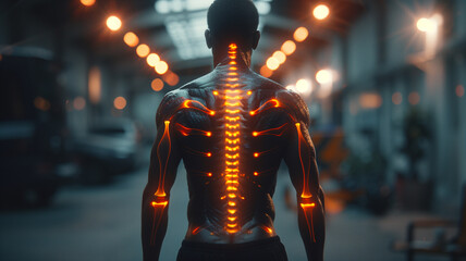 The nervous system of the spinal cord of the man of the future. Humanoid view from the back with illuminated energy