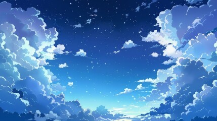 Fototapeta na wymiar Night sky scene with anime or Japanese cartoon drawing style. Night cloud scene in an anime story.