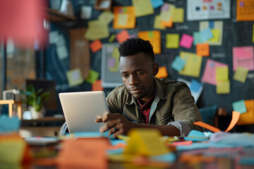 A concentrated man sits in a creative workspace, working intently on his laptop amidst colorful sticky notes