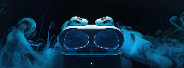 earpods case hero image , modern and minimalist 3D artwork, neon lights, blue smoke liquid behind, 3d render