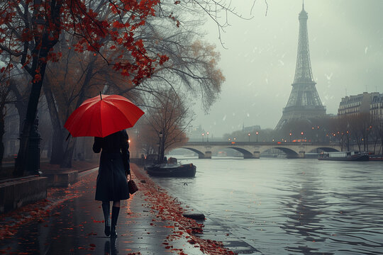 Romantic Paris: woman with a red umbrella walks along the Seine under the rain in autumn with the view of the Eiffel tower