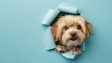 The muzzle of a white puppy tears the blue background. Mockup for the presentation of products for dogs - obrazy, fototapety, plakaty