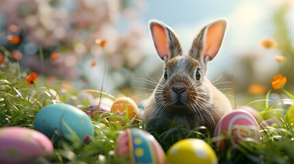 
A cute rabbit surrounded by colorful Easter eggs in a sunny grassy field, evoking joy and the spirit of the spring holiday.
