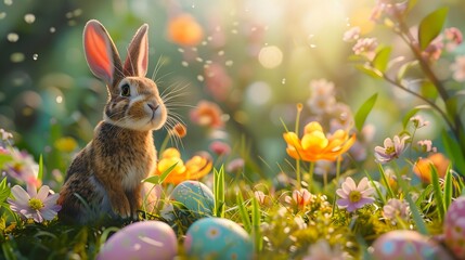 The bunny appears to be in a grassy field, enjoying the sunshine. It's a charming and festive scene that evokes the joy and renewal associated with Easter celebrations