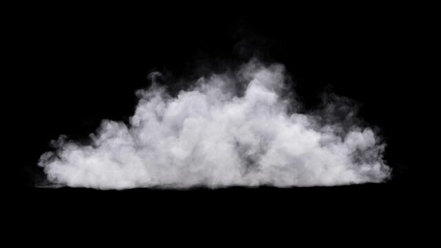 Cloud isolated black background. Realistic 3d render simulation. White steam element motion texture for compositing. Seamless loop.
