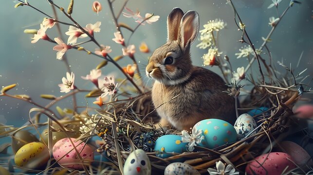 The image depicts a cute bunny sitting in a nest surrounded by colorful Easter eggs and blooming flowers, capturing the essence of Easter festivities in a charming setting