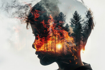 Dramatic Double Exposure Portrait of Man with Fire and Trees in Background