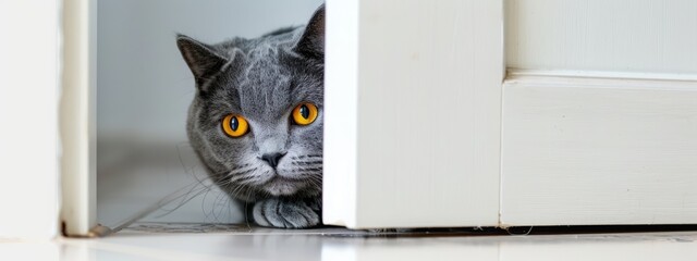 a grey british shorthair cat with yellow eyes peeks out from behind the door, white background, banner for website of pet shop, copy space concept - obrazy, fototapety, plakaty