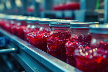 Conveyor belt carrying jars filled with fresh pomegranate juice in a production line factory setting