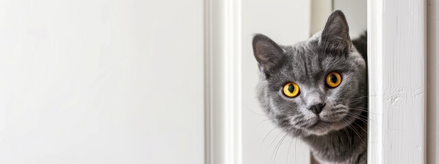 a grey british shorthair cat with yellow eyes peeks out from behind the door, white background, banner for website of pet shop, copy space concept