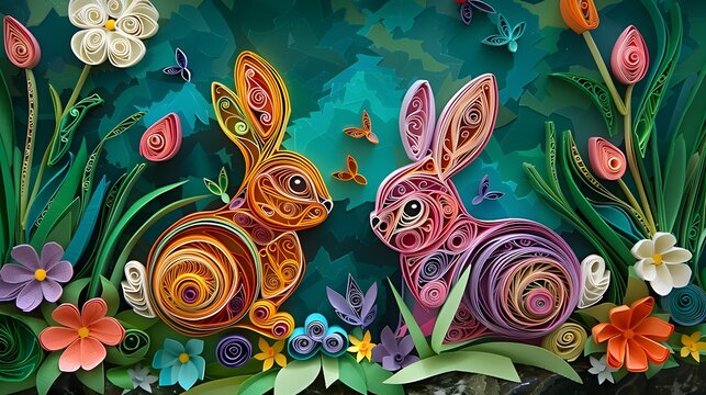 An artwork crafted from quilled paper. It depicts two cute rabbits surrounded by colorful flowers, leaves, and butterflies. 