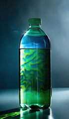 an advertise photographie of a ecologic water bottle by the brand named O2 The brand use green and blue colors