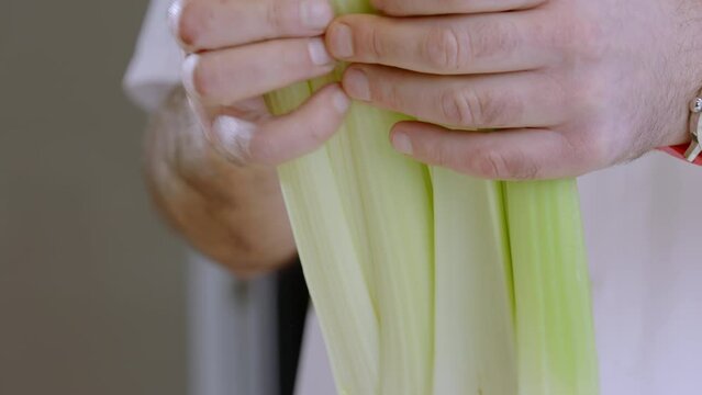 The cook is tearing celery stalks. Dealing with celery stalks. 4K slow motion Video.