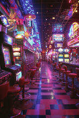 Row of colorful slot machines in a casino illuminated by neon lights with red stools nearby