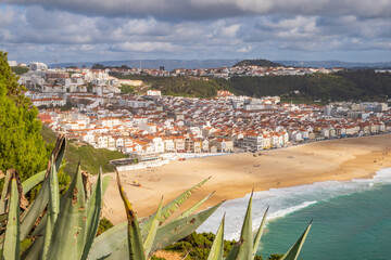 Aerial view of  Nazaré town and the Atlantic ocean, Portugal