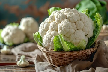 A basket of cauliflower sitting on top of a table - obrazy, fototapety, plakaty