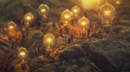 Conceptual Artwork of Miniature People with Light Bulbs in Rocky Terrain - obrazy, fototapety, plakaty