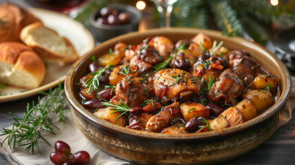 French Coq au Vin on Decorated Table for HD Wallpaper with Cinematic Effect