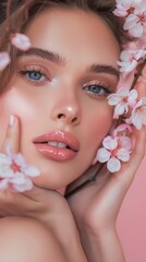 Close-up portrait of a woman with cherry blossoms. Spring beauty and skincare concept for design and print