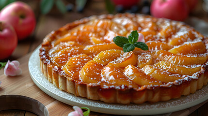 French Tarte Tatin on Decorated Table for HD Wallpaper with Cinematic Effect