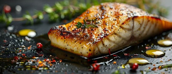 Sizzling Sturgeon Fillet in Herbed Oil Symphony. Concept Seafood Recipe, Sturgeon Fillet, Herbed Oil, Gourmet Cooking, Delicious Fish Dish