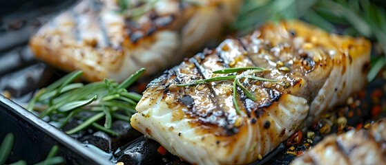 Sizzling Sturgeon Steaks with Herbs on Grill. Concept Grilling Tips, Seafood Recipes, Gourmet Cooking, BBQ Techniques - obrazy, fototapety, plakaty