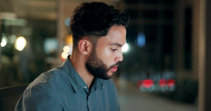 Man, night and coding at computer for information technology, programming and software upgrade with deadline. Programmer, tech support working late and update database for system with cybersecurity