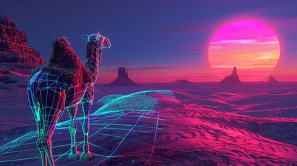 A digital camel trekking through a neon desert under moon light - obrazy, fototapety, plakaty