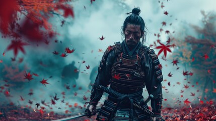 Samurai in full armor standing among falling autumn leaves.